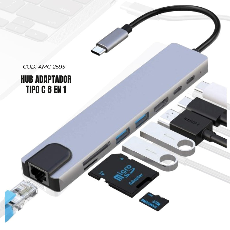 Tecnologia Hub USB-C 8 en 1 - HDMI 4K, Ethernet, SD, PD 100W de Tendeli- Ecuador en