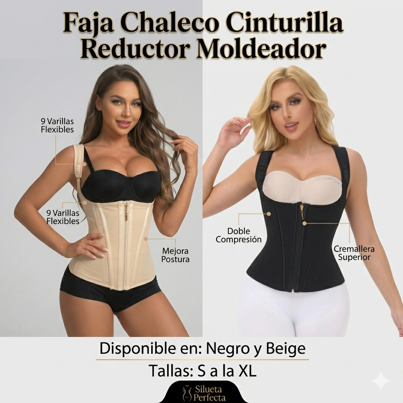 Faja Chaleco Moldeadora Colombiana | Doble Compresión | Varillas Espiral | Postquirúrgica | Negro y Beige