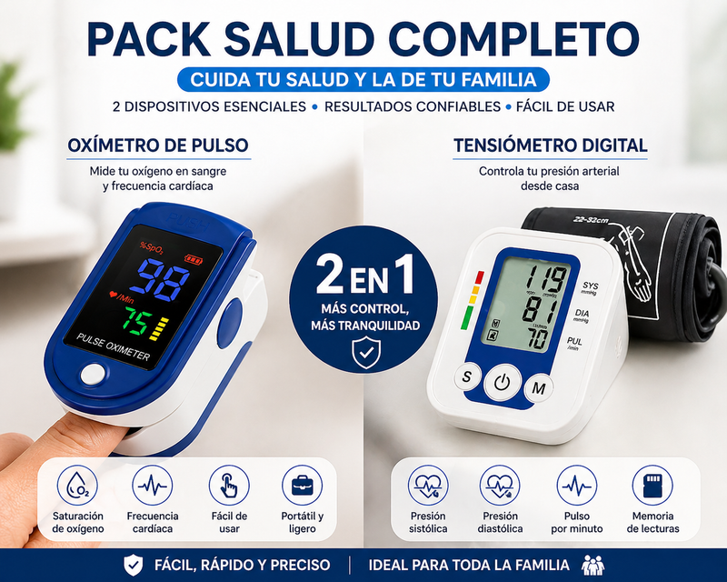 Pack Oxímetro + Tensómetro Digital | Pantalla LED | Monitoreo de Salud en Casa | Batería Incluida