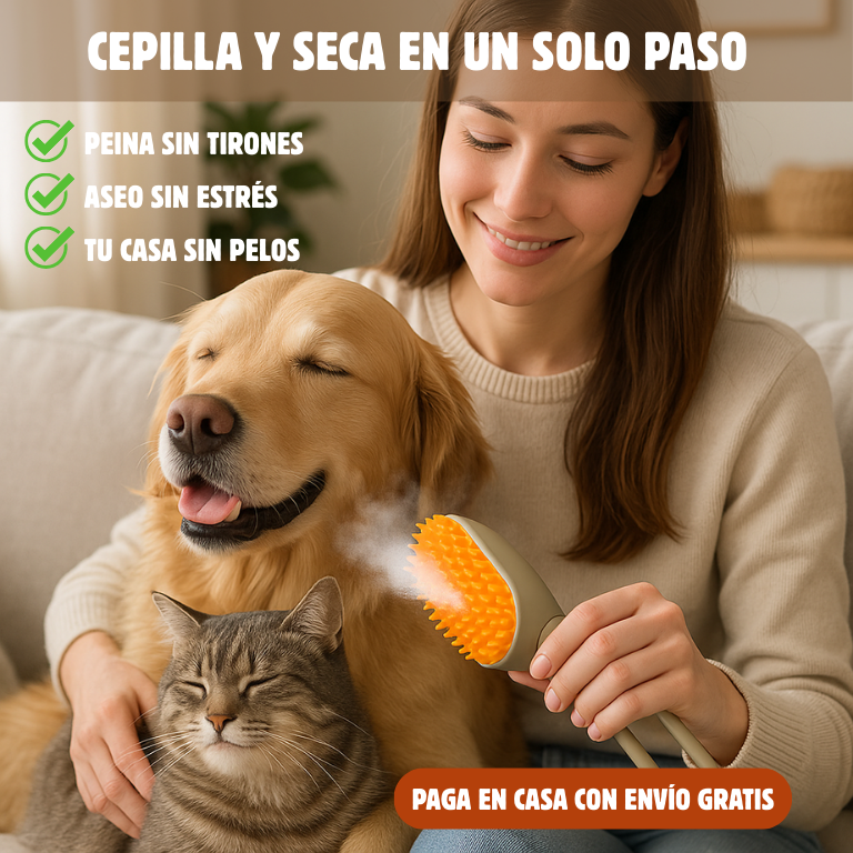 Cepillo a Vapor para Mascotas 2 en 1 – Seca y peina fácil